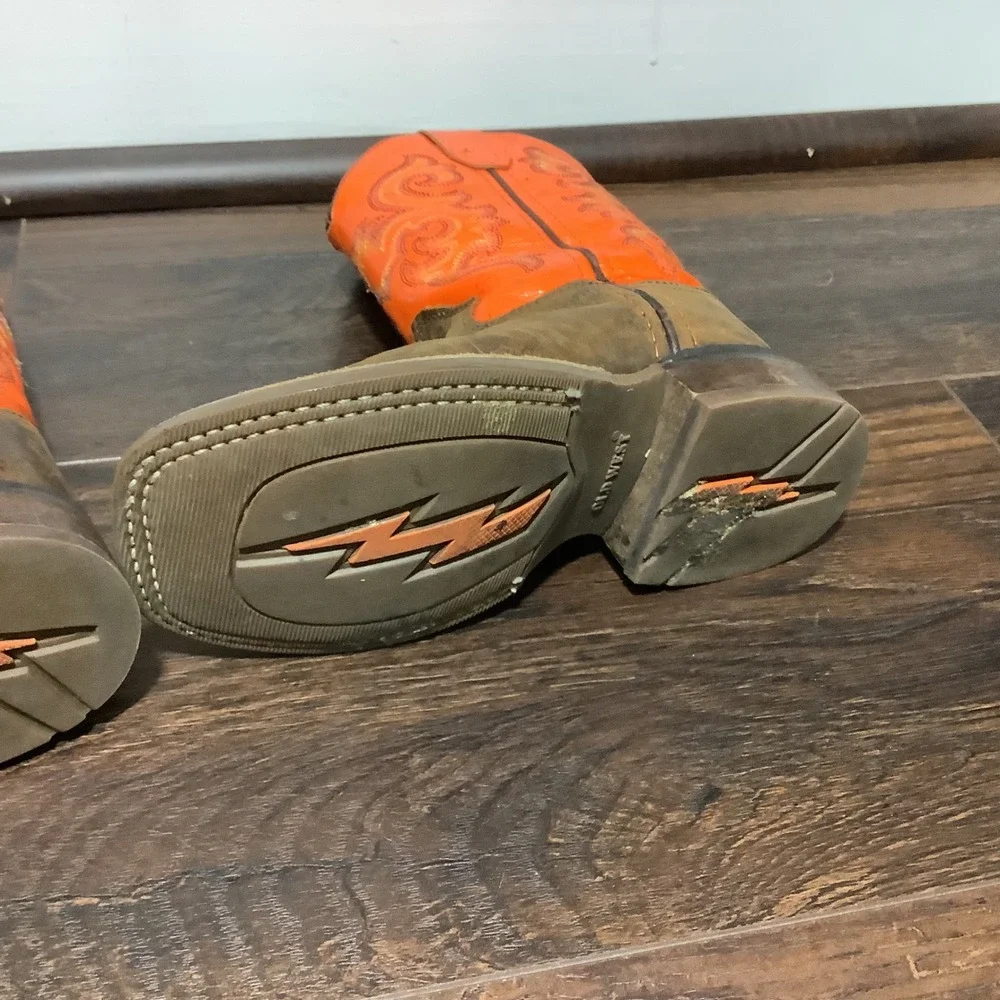 Cody James Kids Cowboy Boots Orange Brown Leather Square Toe BSC1867 Size 11D